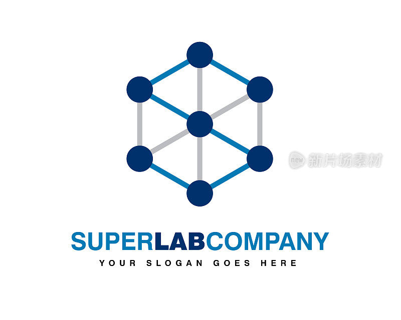 super lab company logo with dots connected to perform hexagon